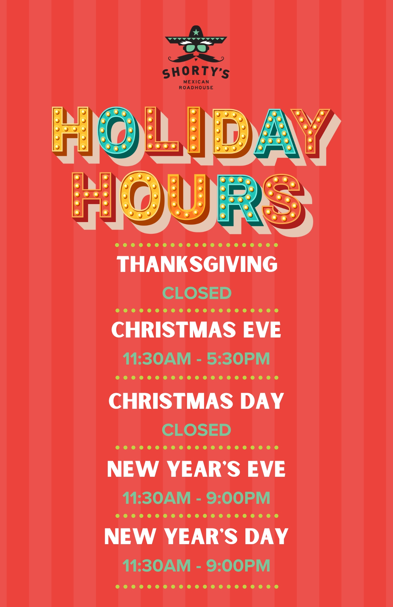 Holiday Hours for Shorty's